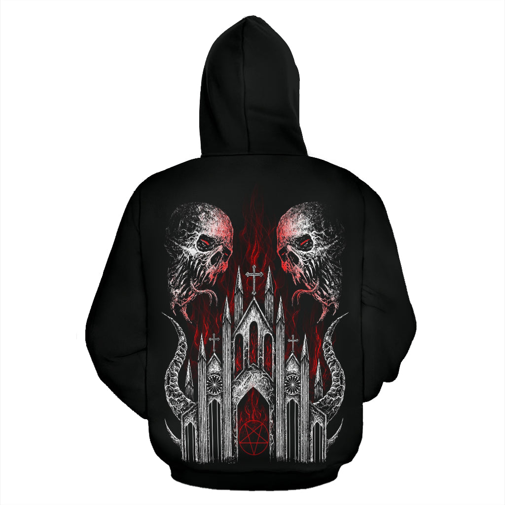 Skull Demon Satanic Pentagram Flame Church Hoodie Black And White Red Pentagram