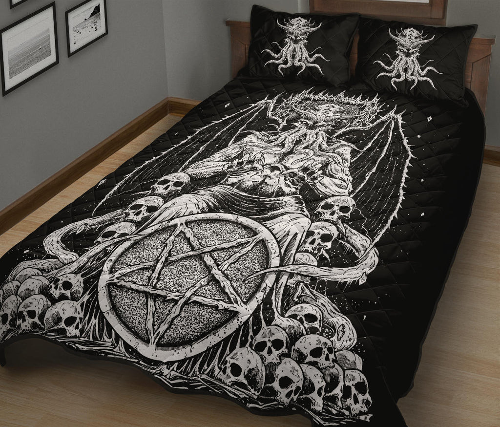 Skull Satanic Pentagram Demon Octopus Skull Throne Quilt 3 Piece Set