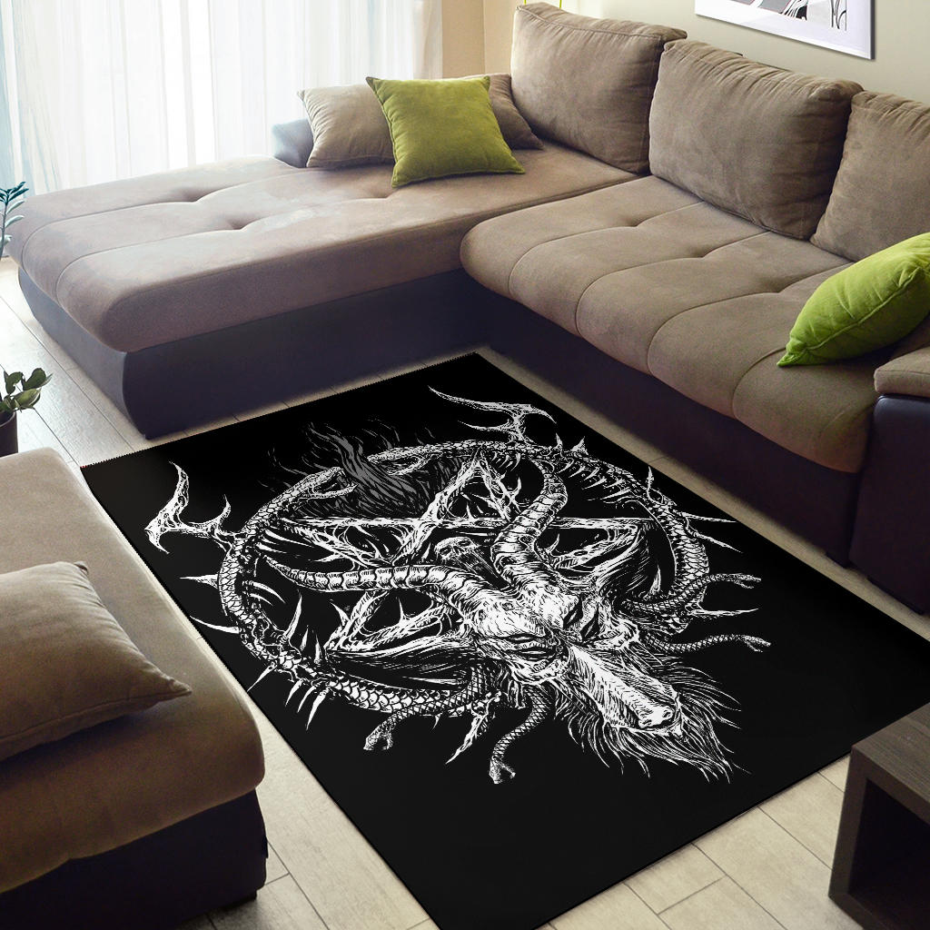 Skull Satanic Pentagram Goat Serpent Area Rug Black And White Version