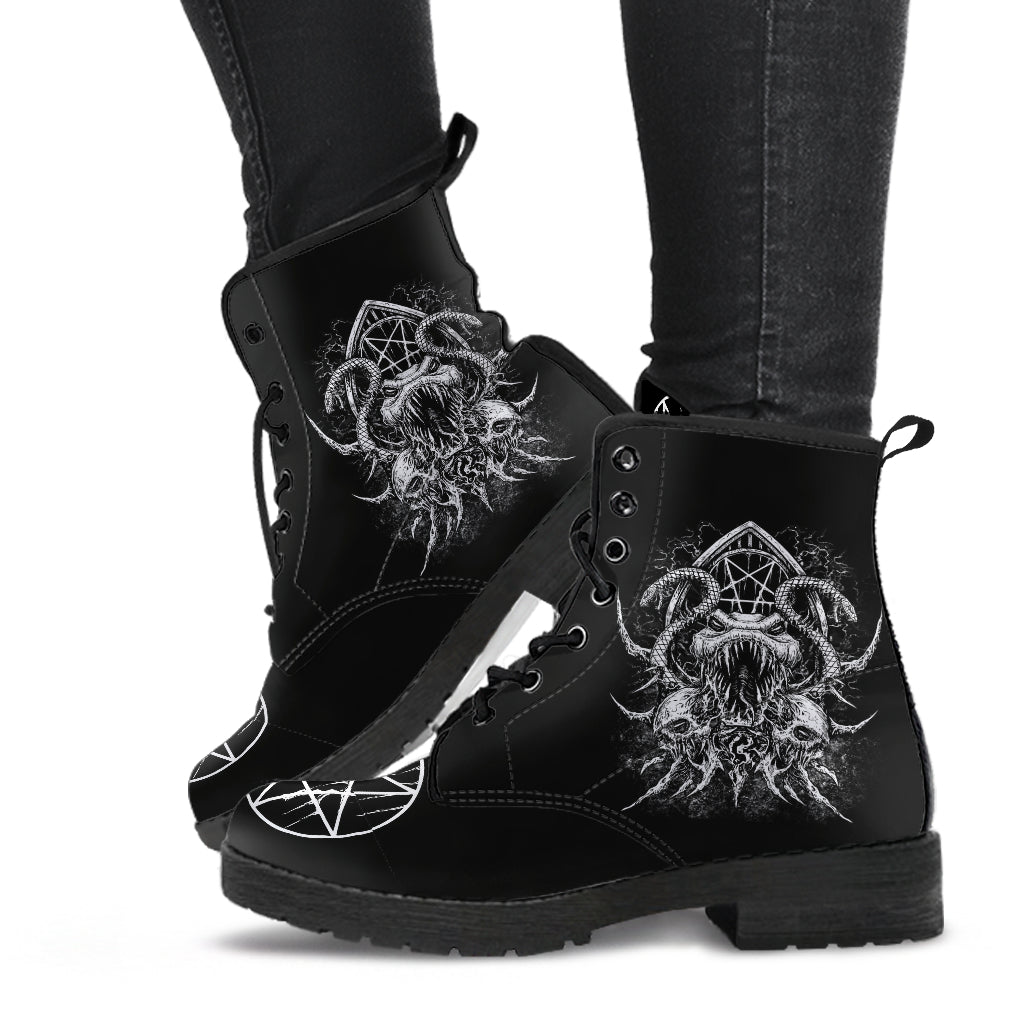 Skull Satanic Pentagram Serpent Leather Boots Black And White