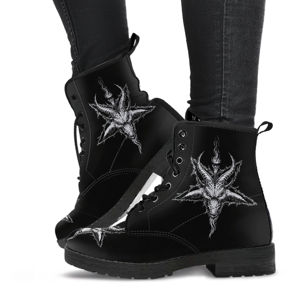 Satanic Pentagram Demon Goat Handcrafted Leather Boots Black And White