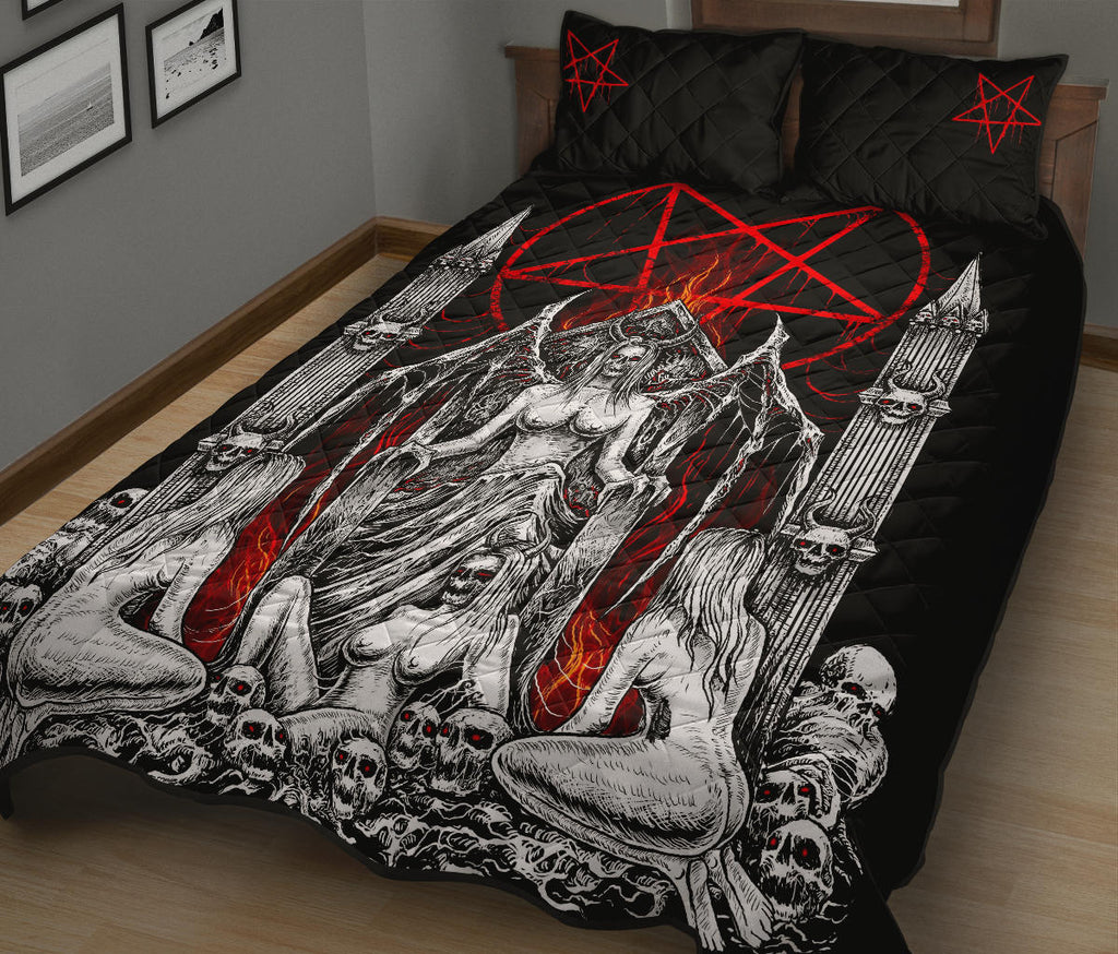 Skull Satanic Pentagram Lust Throne Quilt 3 Piece Set Black And White Red Flame