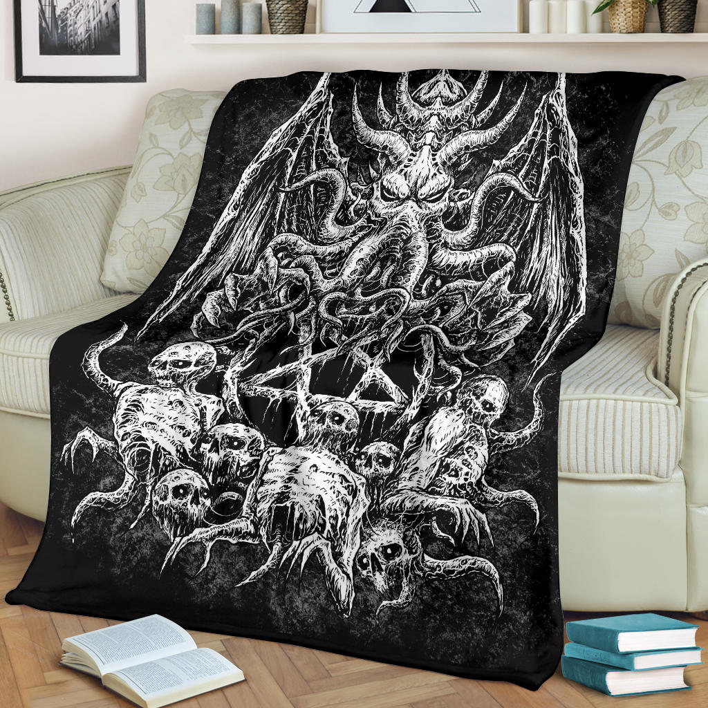 Skull Satanic Pentagram Demon Octopus Blanket Black And White Version