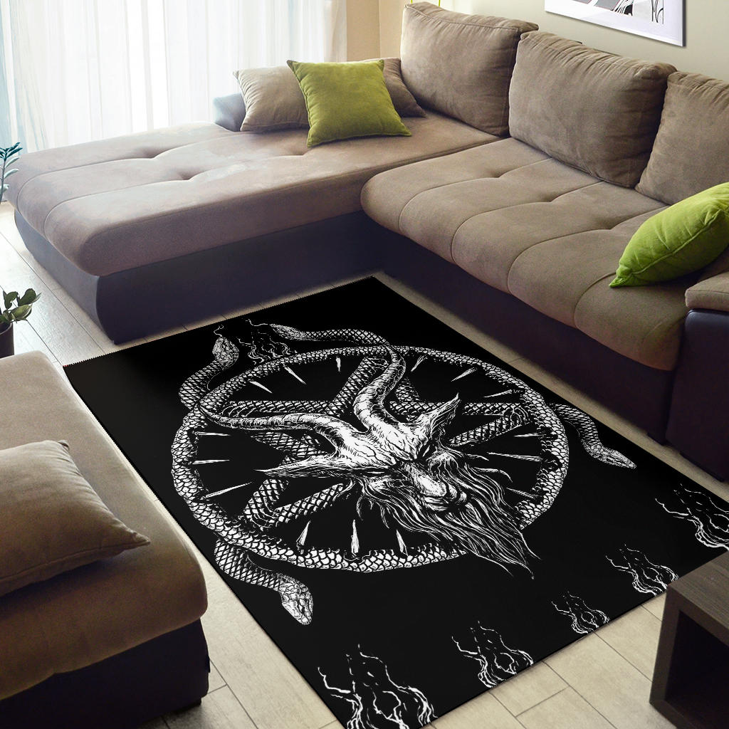Skull Satanic Demon Goat Satanic Pentagram Serpent Area Rug Large Goat Version Black And White