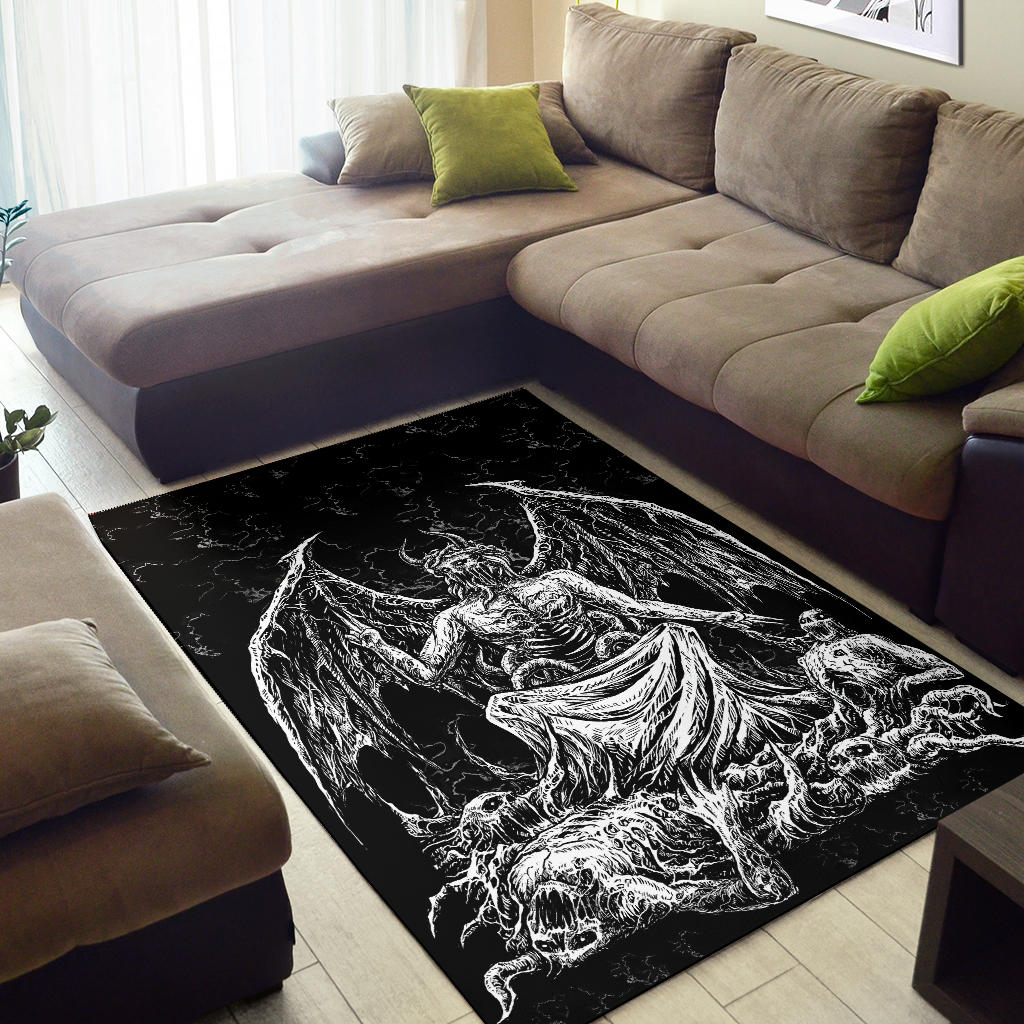 Skull Skeleton Satanic Bat Wing Demon God Area Rug Black And White