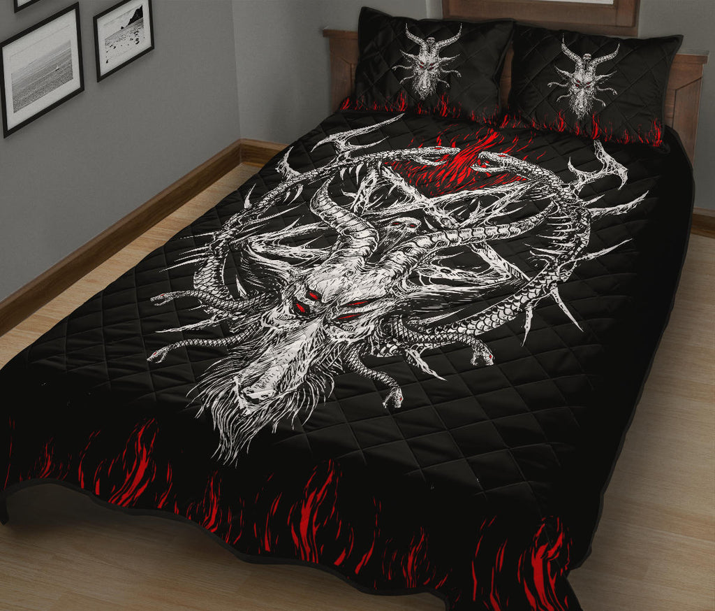 Skull Satanic Goat Satanic Pentagram Serpent Flame Quilt 3 Piece Bed Set