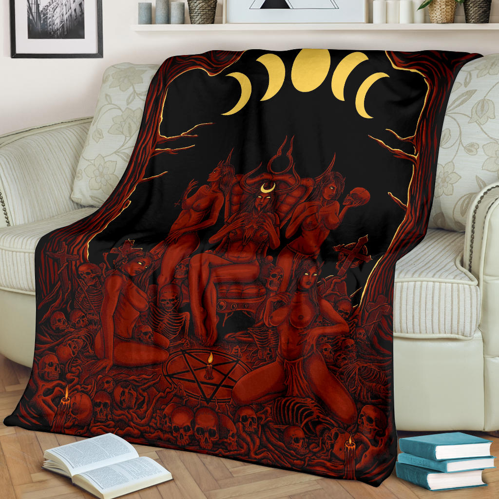 Skull Demon Satanic Pentagram Sexy Witch Throne Blanket Red