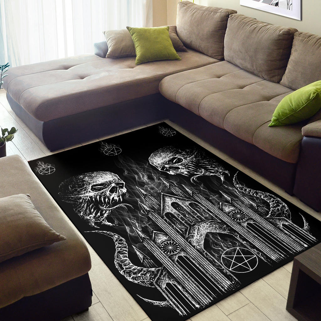 Skull Demon Satanic Pentagram Church Area Rug Black And White