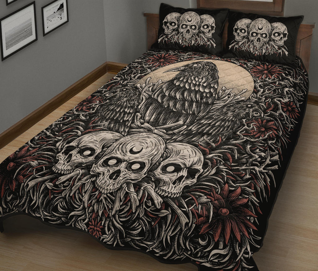 Skull Gothic Occult Crow Eye Quilt New Dark Color White Skull 3 Piece Set