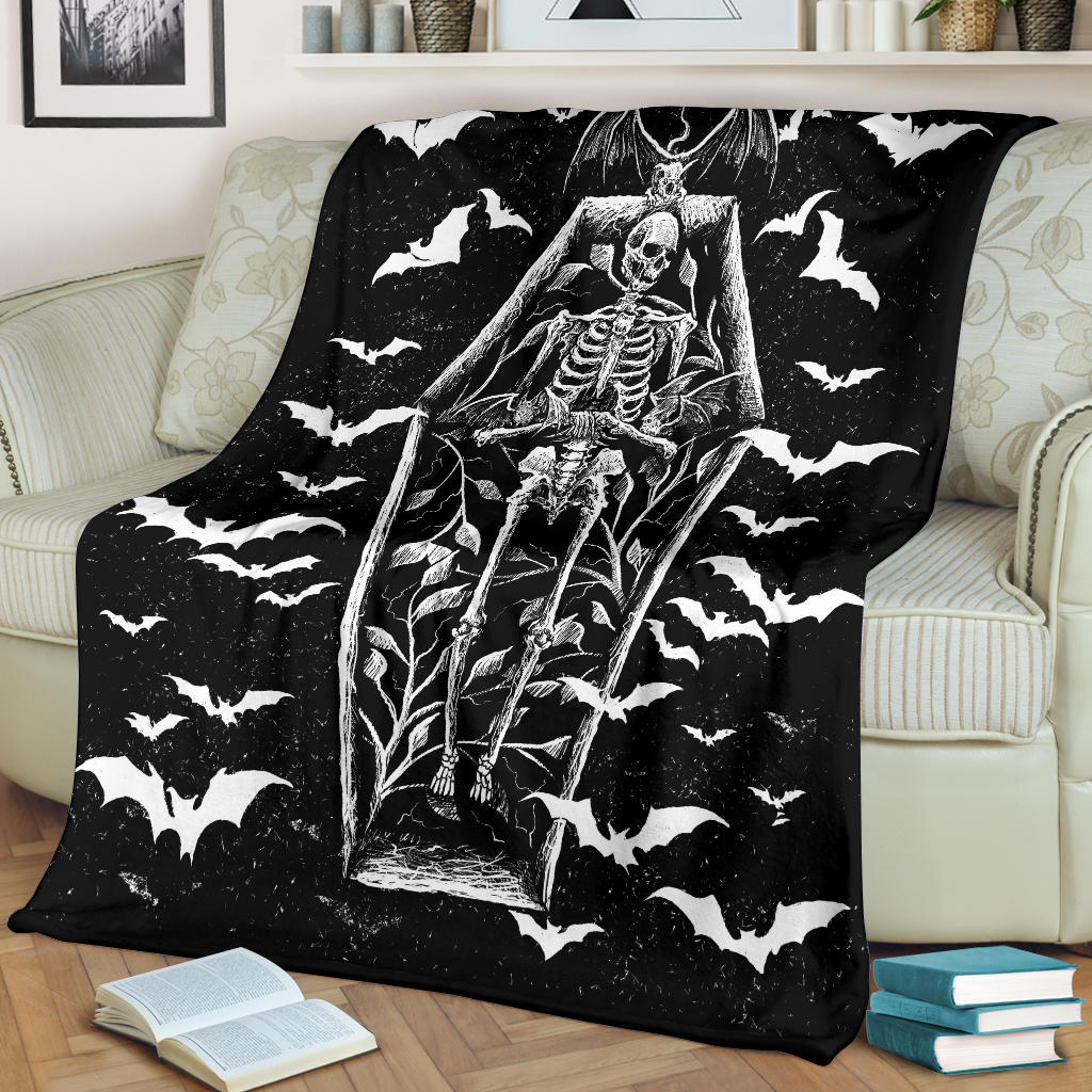 Bat Skull Skeleton Coffin Shrine Blanket Black And White