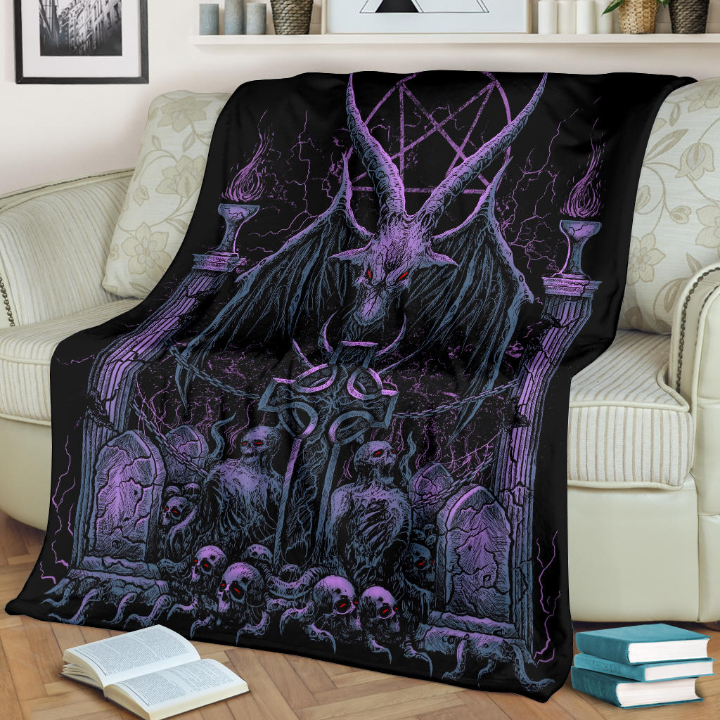 Skull Satanic Pentagram Baphomet Demon Bat Wing Goat Grave Shrine Blanket Night Blue Purple Pink Tint