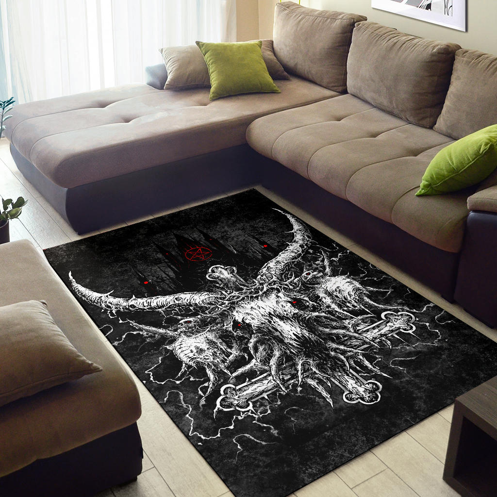 Skull Satanic crowned Goat Inverted Cross With Inverted Pentagram Night Church Area Rug