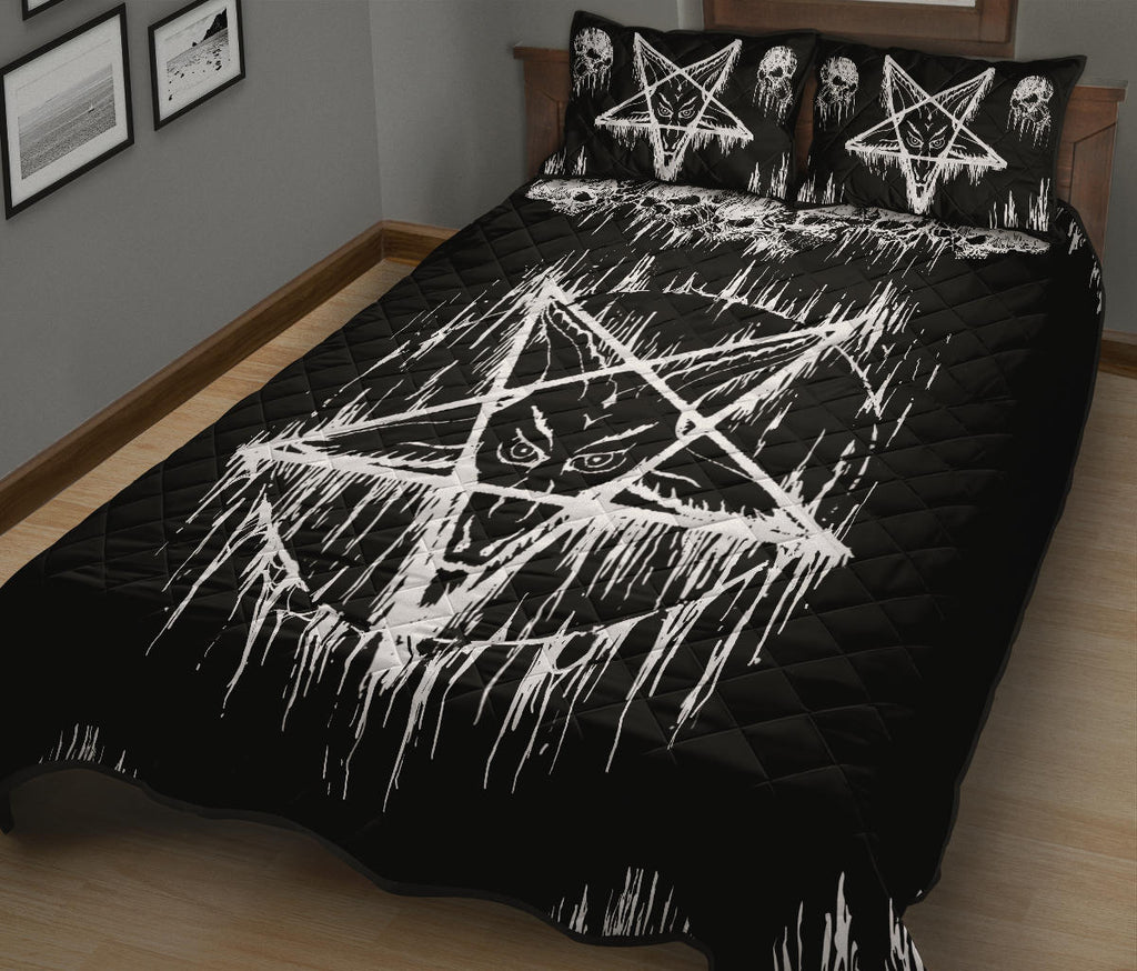 Skull Satanic Pentagram Drip Quilt 3 Piece Bed Set