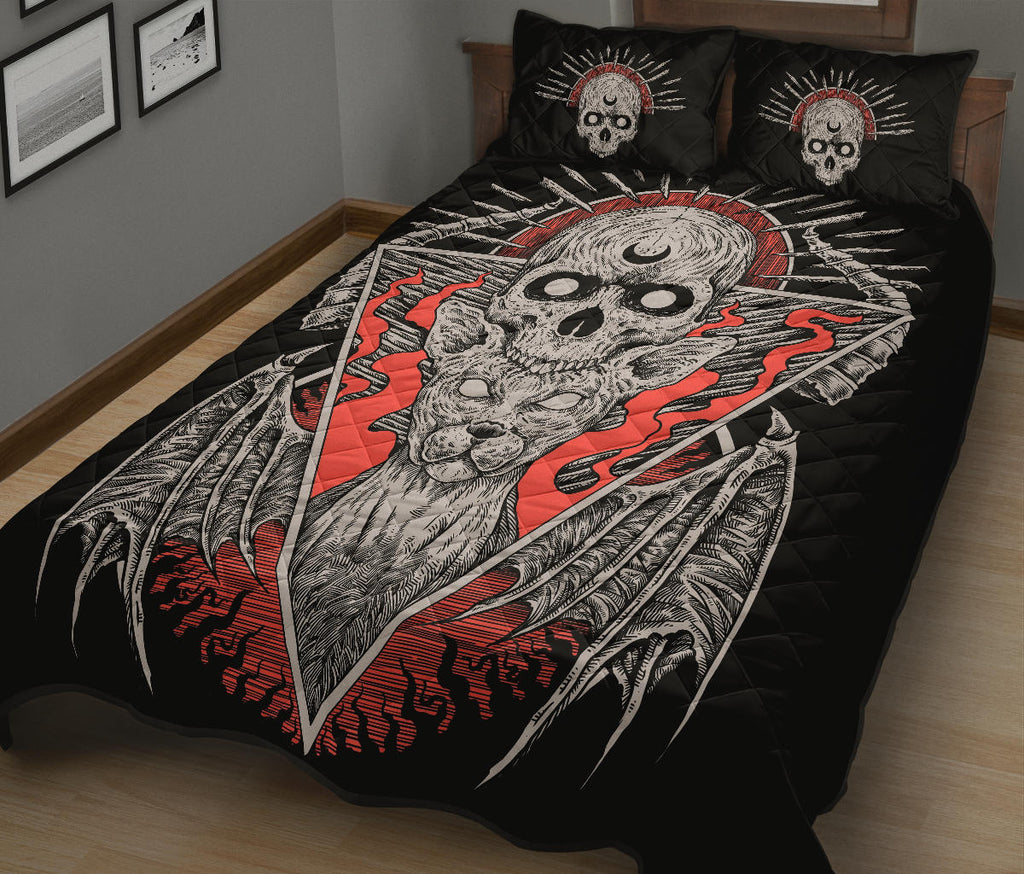 Gothic Quilt Skull Bat Wing Cat 3 Piece Bed Set Color Version