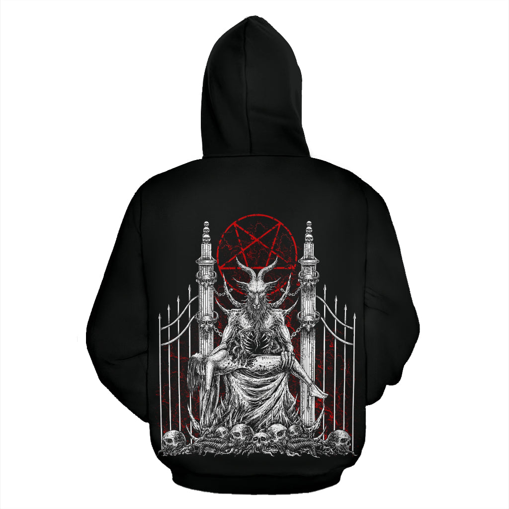 Skull Satanic Goat Satanic Pentagram Serpent Delivered To The Pearly Gates Hoodie Black And White Red