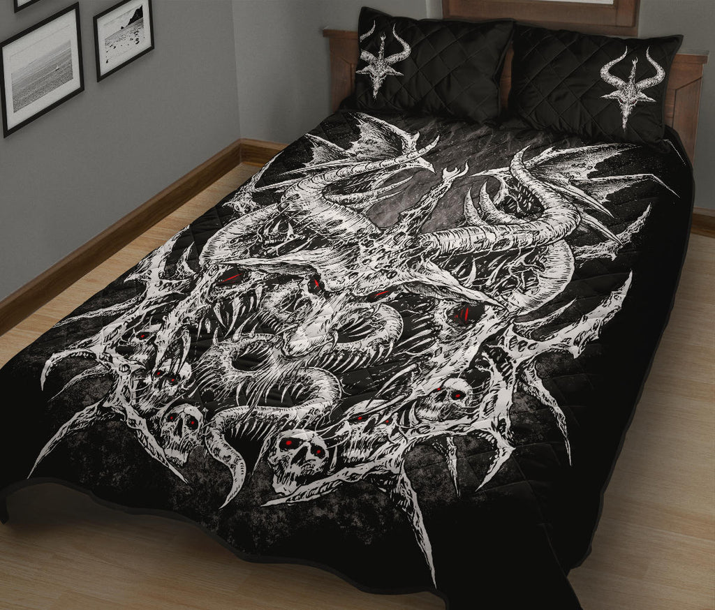 Skull Goth Satanic Goat Wing Smoke Color Flame 3 Piece Quilt Bed Set