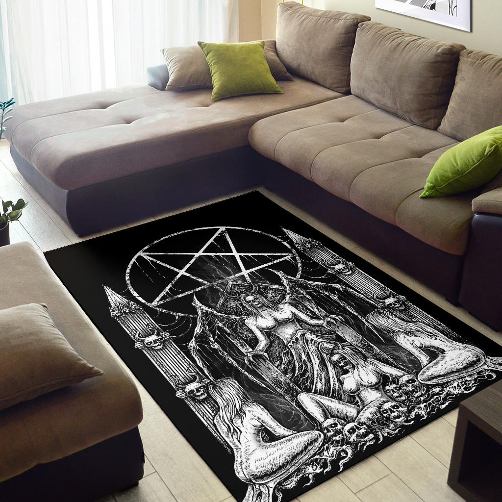 Skull Satanic Pentagram Lust Throne Area Rug Black And White Smoke Flame