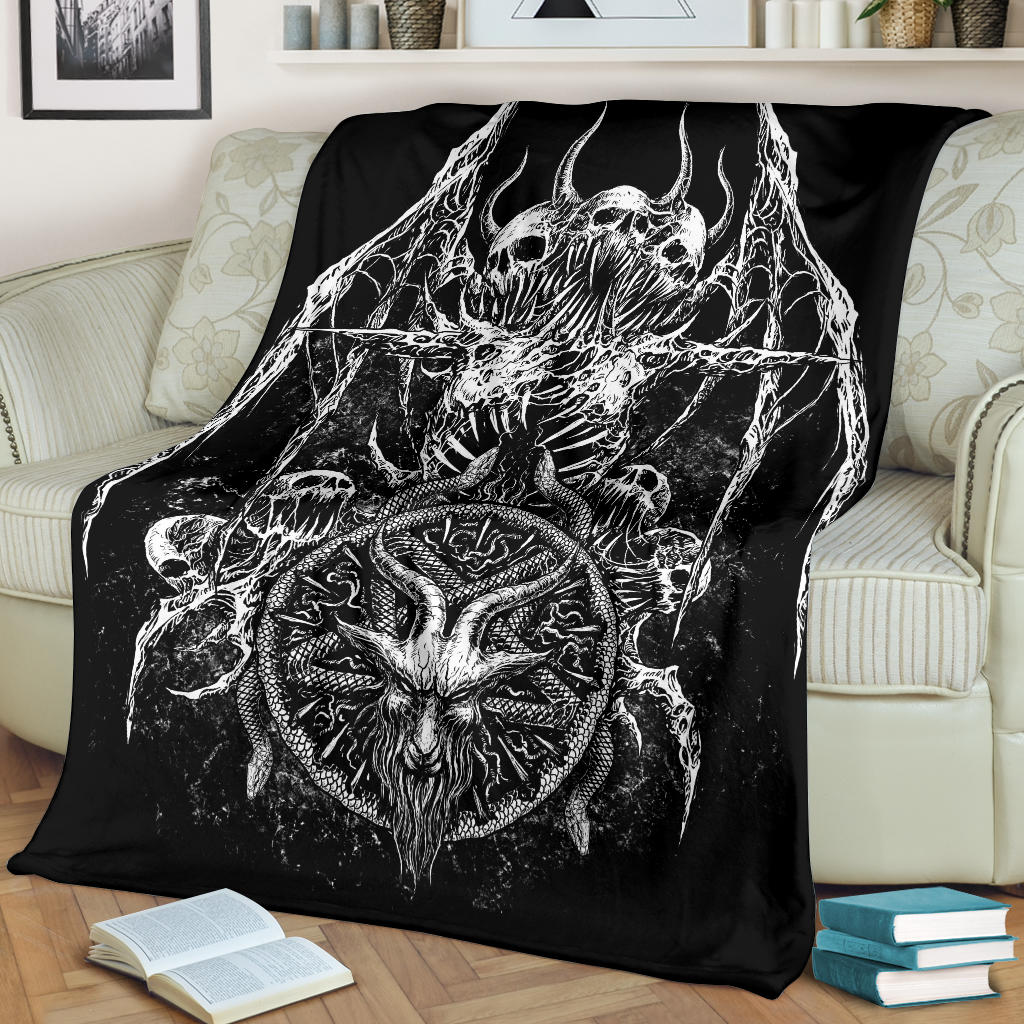 Skull Satanic Goat Satanic Pentagram Serpent Blanket Black And White