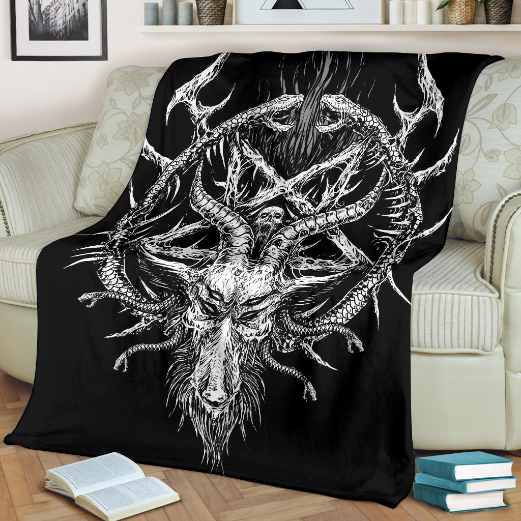 Skull Satanic Goat Satanic Pentagram Demon Serpent Blanket All Black And White