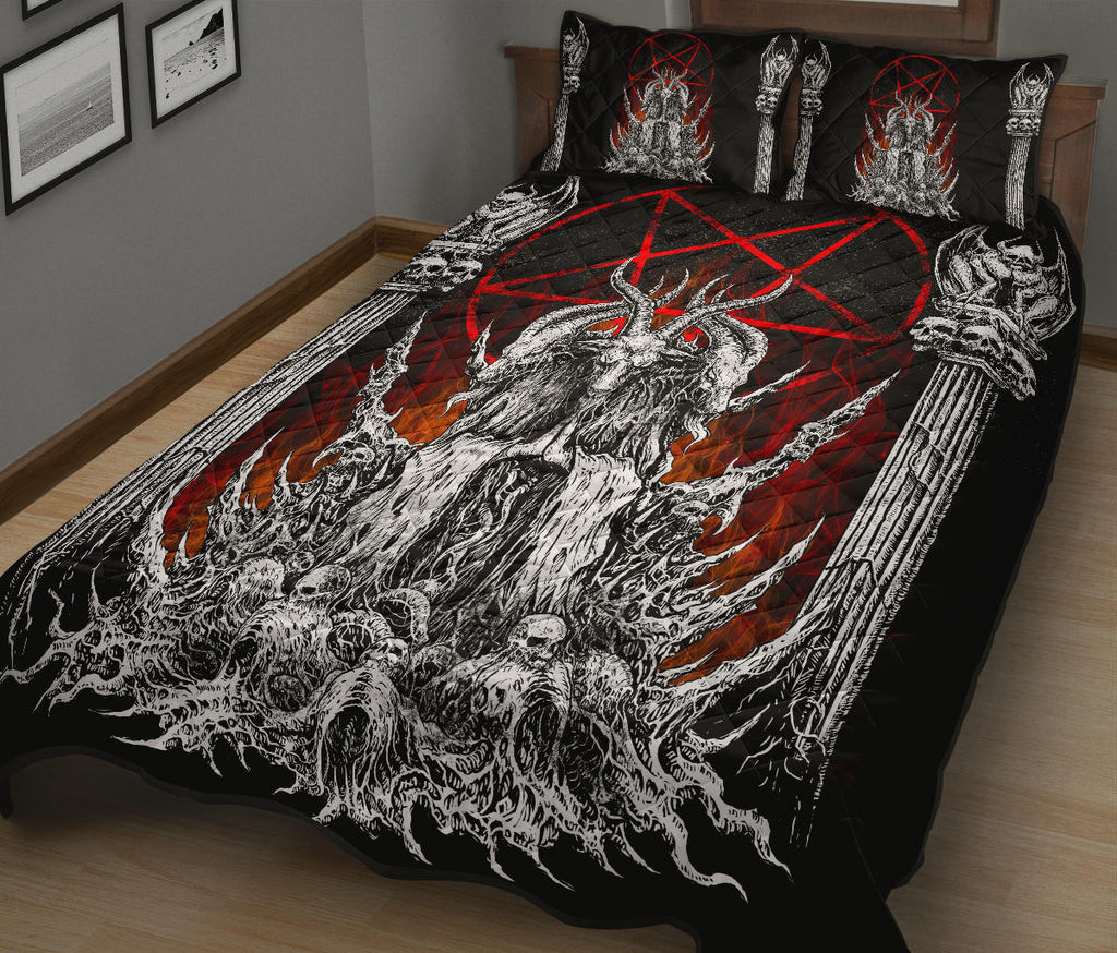 skull Satanic Goat Satanic Pentagram Flame Quilt 3 Piece Bed Set