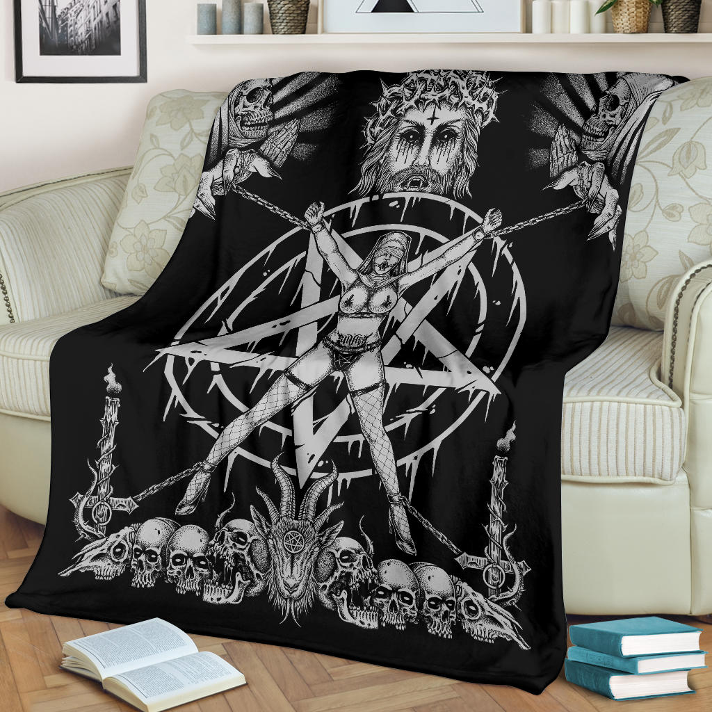 Skull Satanic Pentagram Demon Chained To Sin And Lovin It Part 2 -Blanket Black And White
