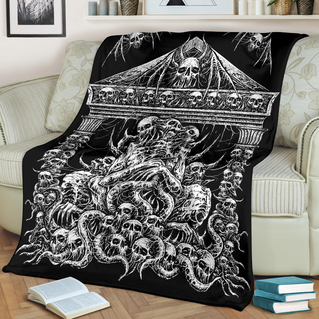 Skull Skeleton Demon Bat Skull Wing Death Shrine Blanket Black And White