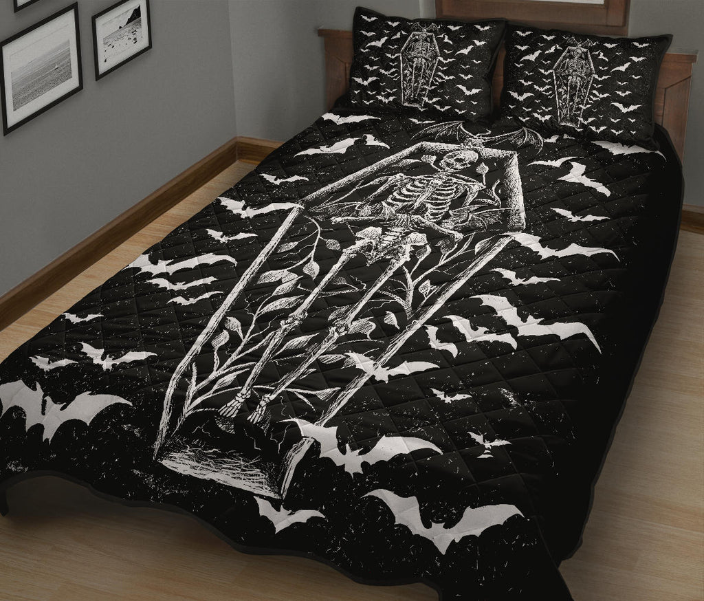 Bat Skull Skeleton Coffin Shrine 3 Piece Quilt Black And White