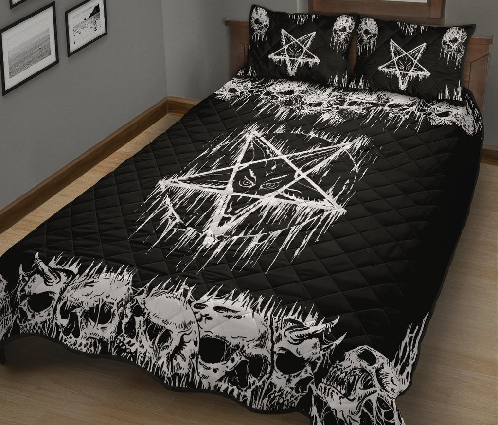 Skull Satanic Pentagram Drip Quilt 3 Piece Bed Set