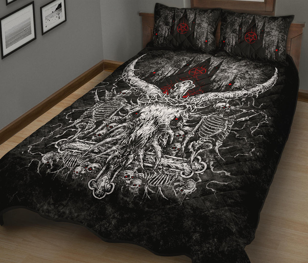 New! Skull Satanic Crowned Goat Satanic Cross Satanic Pentagram Night Church Quilt 3 Piece Set New Skull Version Red