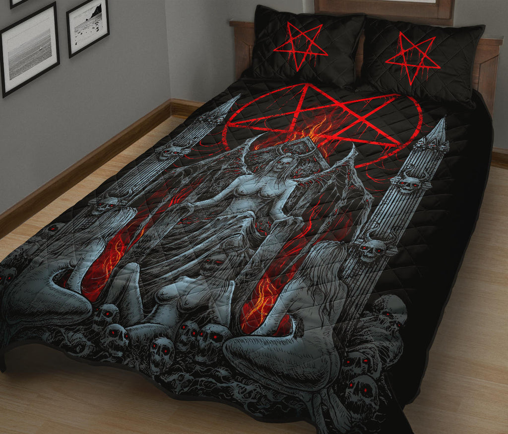 Skull Satanic Pentagram Lust Throne Quilt 3 Piece Set Color Version