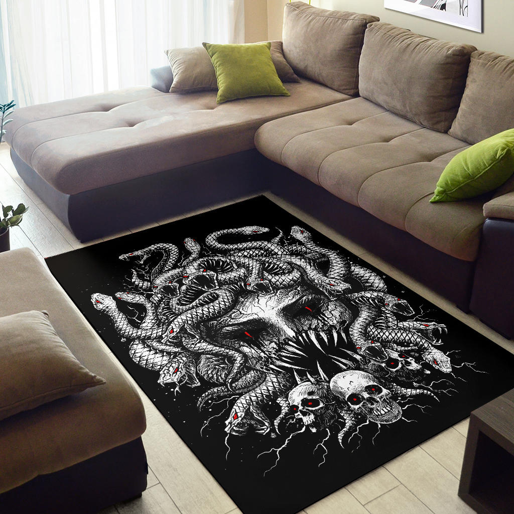 Skull Medusa Demon Goddess Eternal Revenge Of the Injustice Violation Area Rug Black And White Red Version