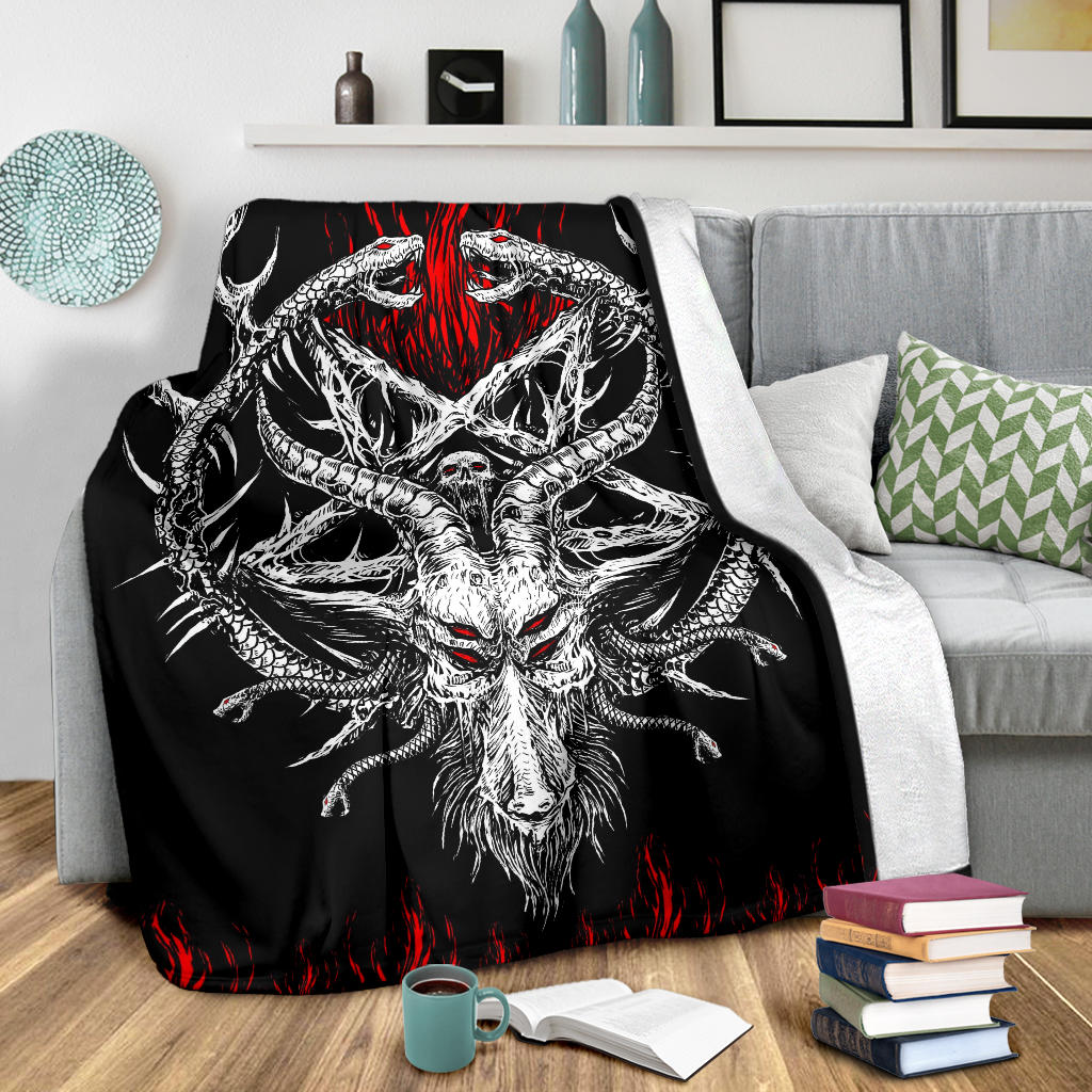 Skull Satanic Goat Satanic Pentagram Serpent Flame Blanket Black And White Red Flame