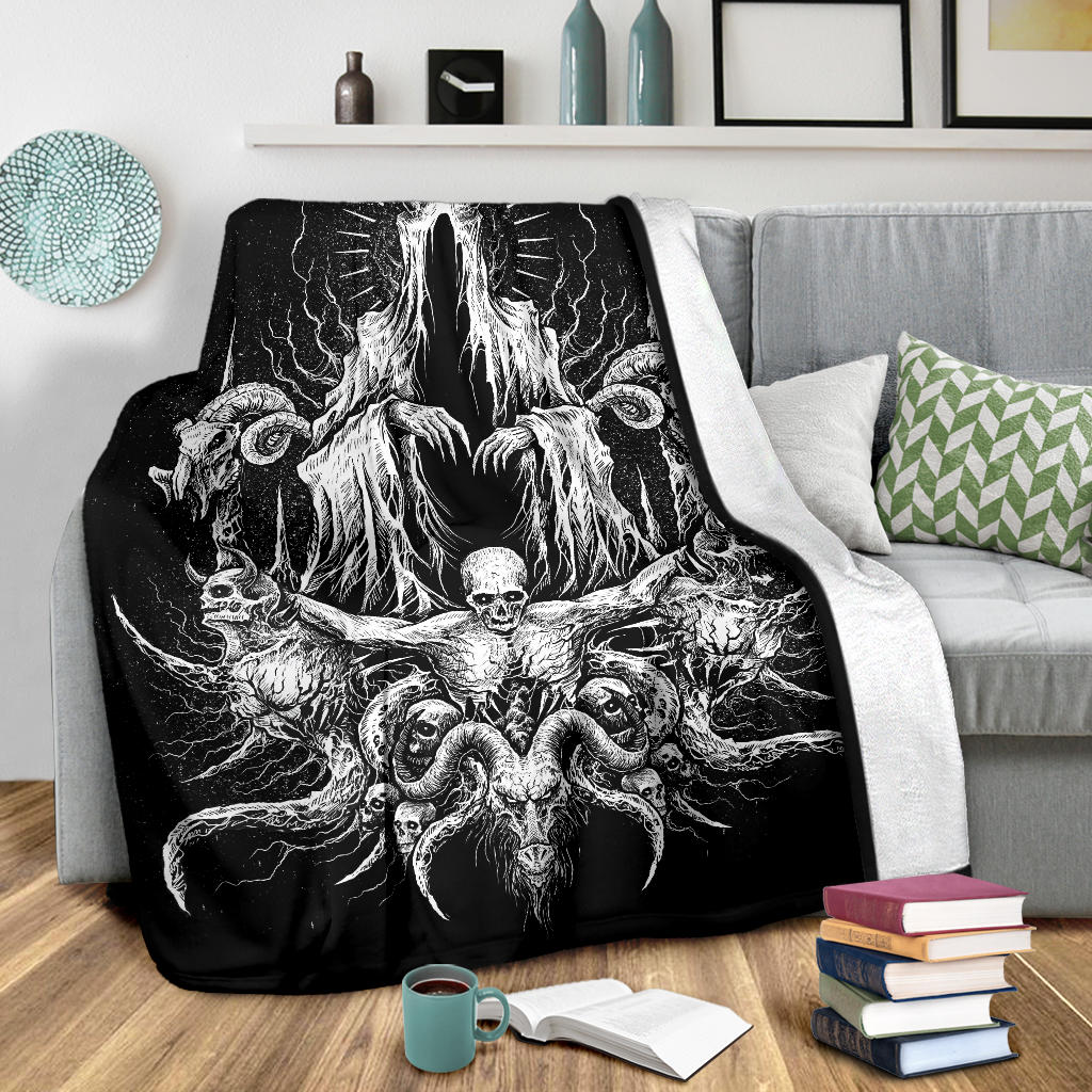 Skull Satanic Goat Demon Impaled and Crucified Blanket Black And White