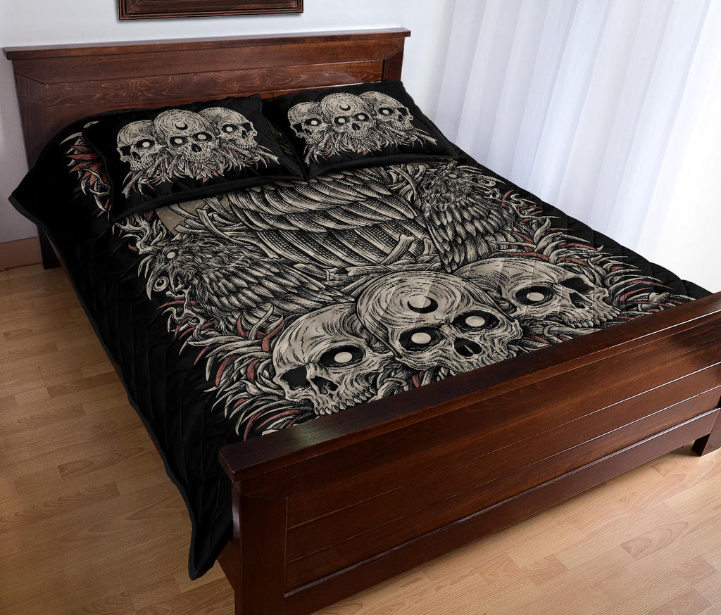 Skull Goth Occult Crow Quilt 3 Piece Bed Set Color Version