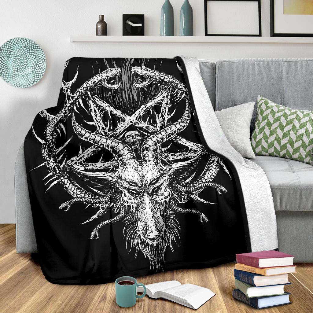 Skull Satanic Goat Satanic Pentagram Demon Serpent Blanket All Black And White