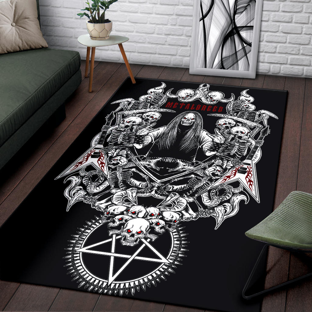 Inverted Pentagram Skull Skeleton Guitar Metalbreed Area Rug