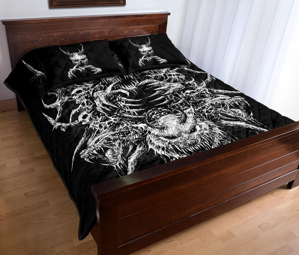 Skull Demon Wolf Quilt 3 Piece Bed Set Black And White Version