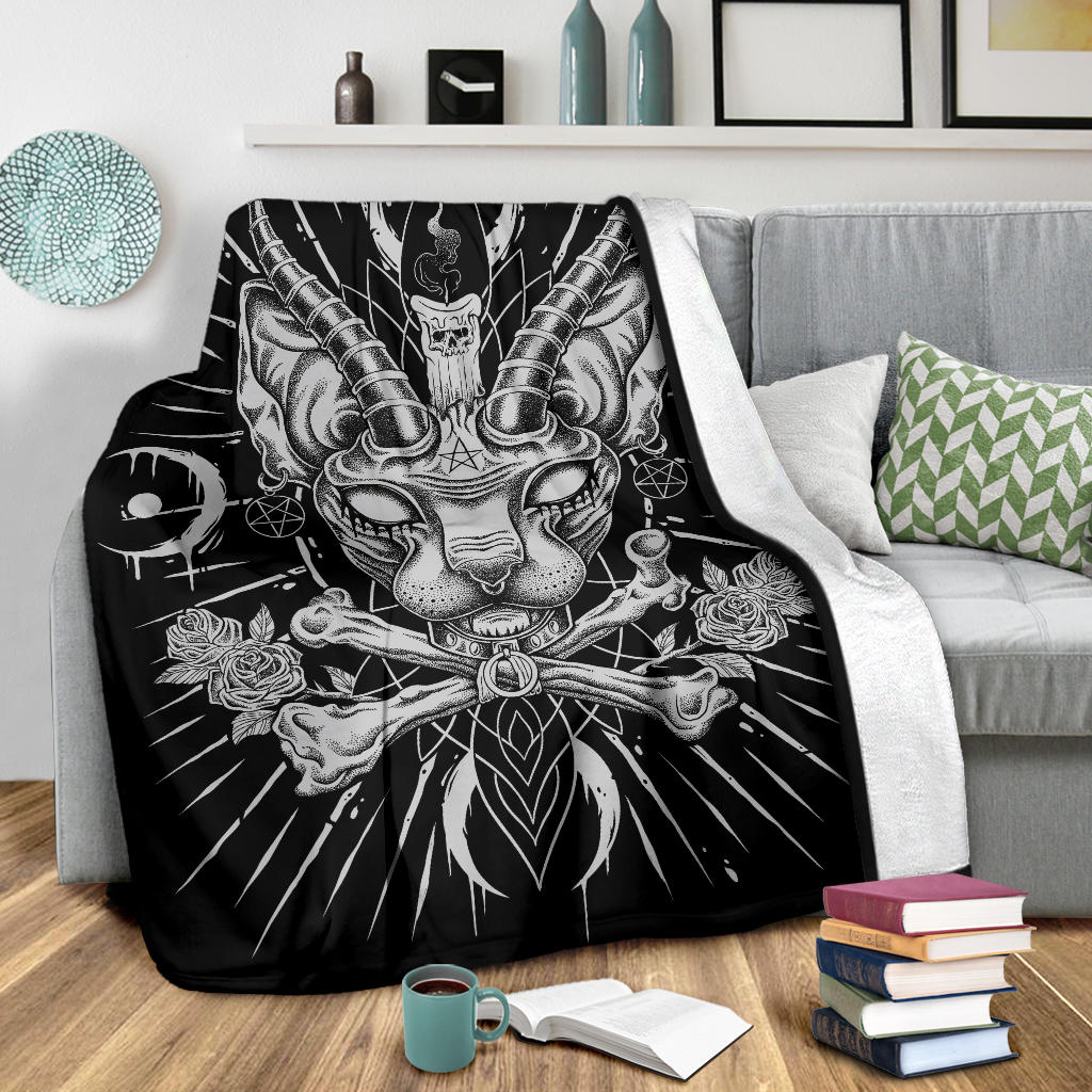 Skull Gothic Occult Black Cat Unique Sphinx Style Part 2 Blanket Black And White Awesome Demonic White Eye