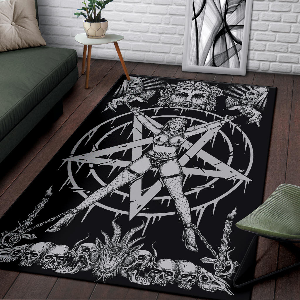 Skull Satanic Pentagram Demon Chained To Sin And Lovin It Part 2  Area Rug Black And White