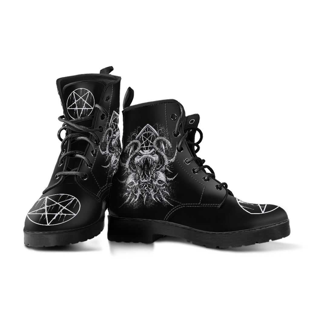 Skull Satanic Pentagram Serpent Leather Boots Black And White