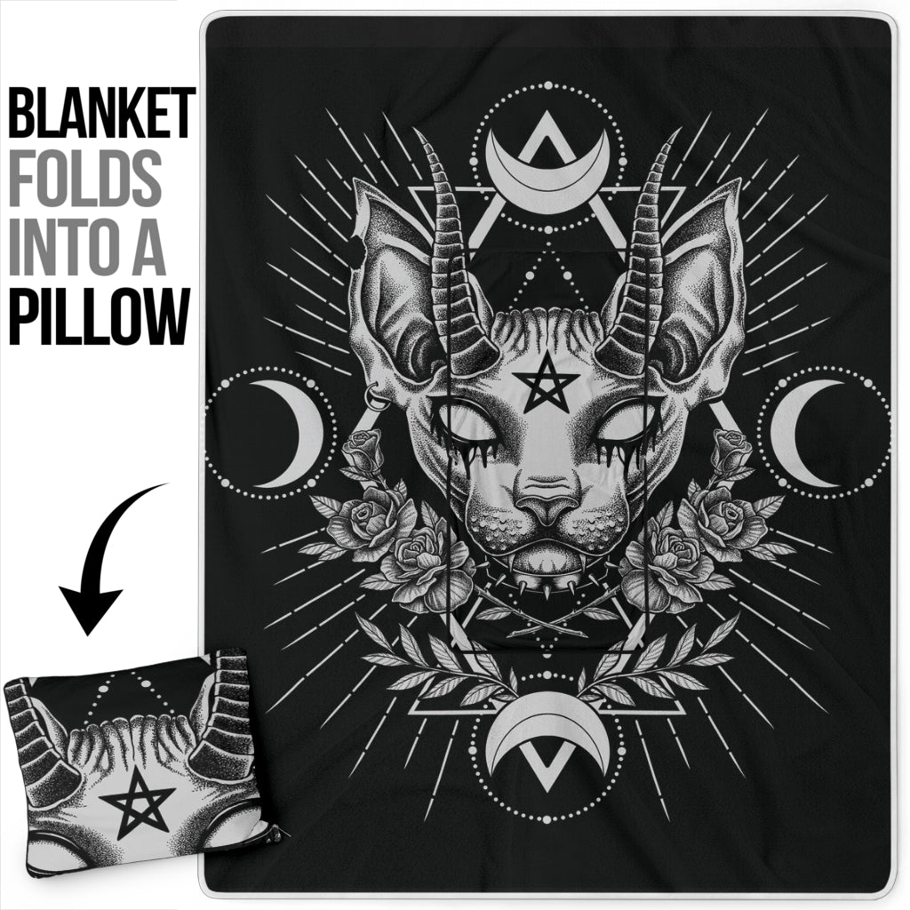 Gothic Occult Black Cat Unique Sphinx Style Pillow Blanket Awesome Demonic White Eye Version