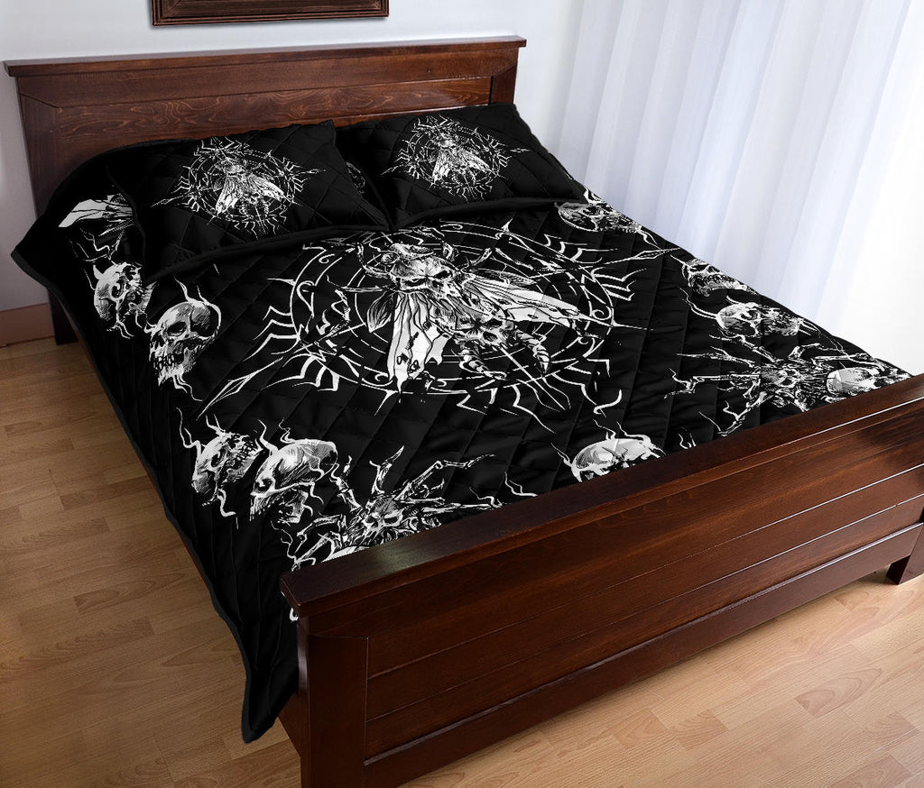 Smoke Skull Goth Spider Fly Quilt 3 Piece Set Black And White