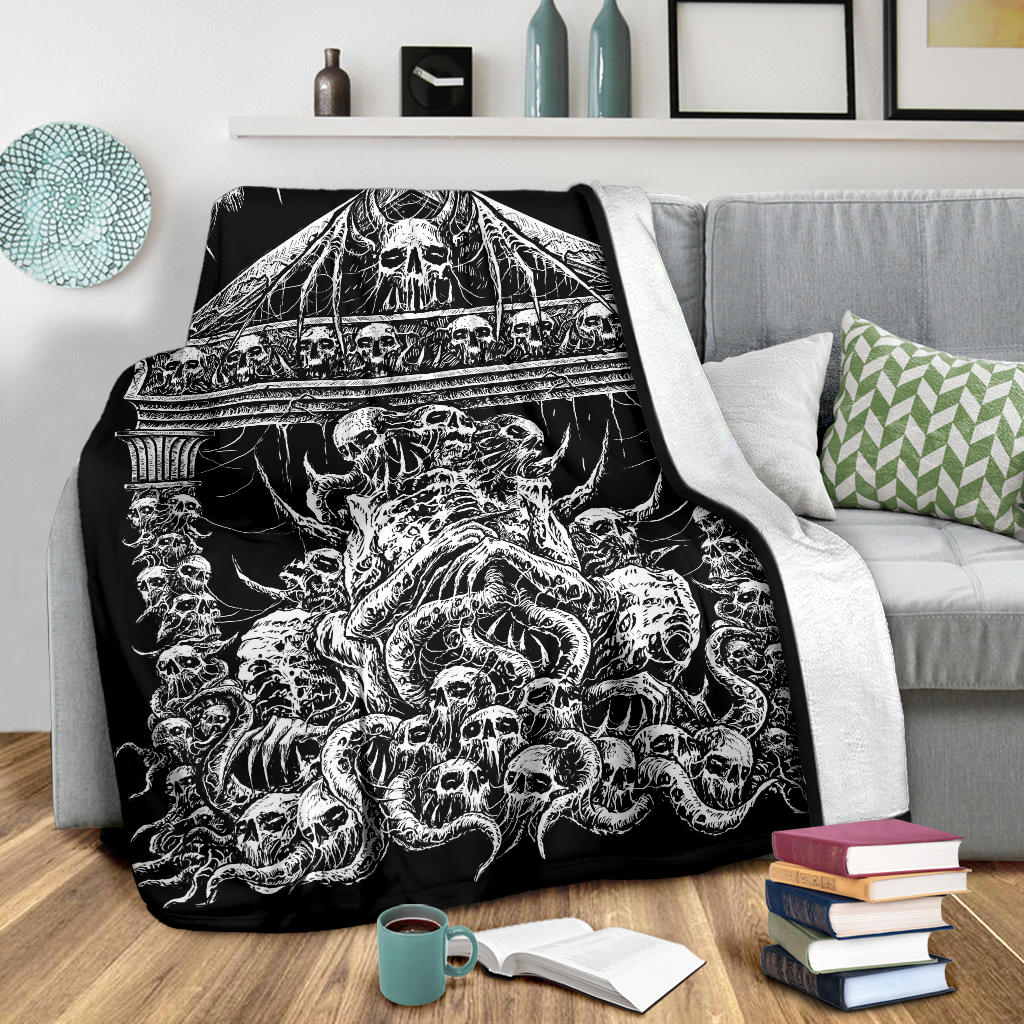 Skull Skeleton Demon Bat Skull Wing Death Shrine Blanket Black And White