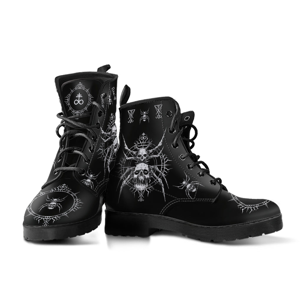 skull goth Satanic spider Leather Boots Black And White