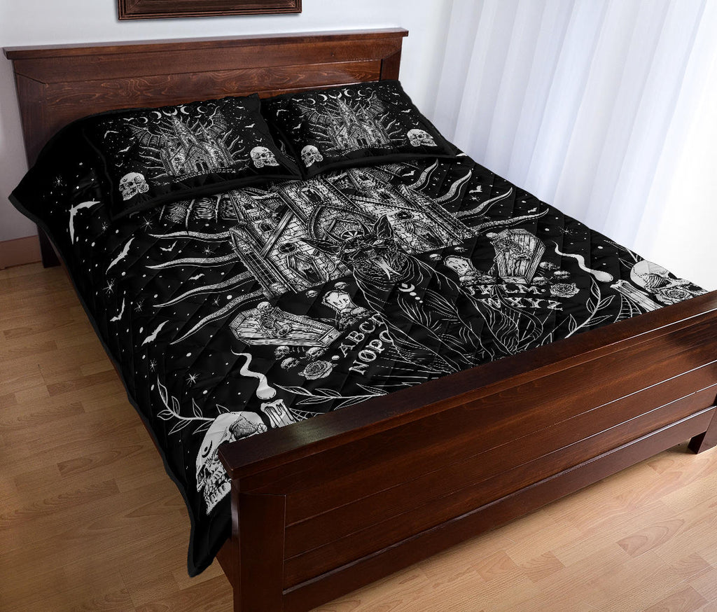 Skull Skeleton Diabolic Cat Coffin Bat Night House Ouija board Style Coffin Window Quilt 3 Piece Set