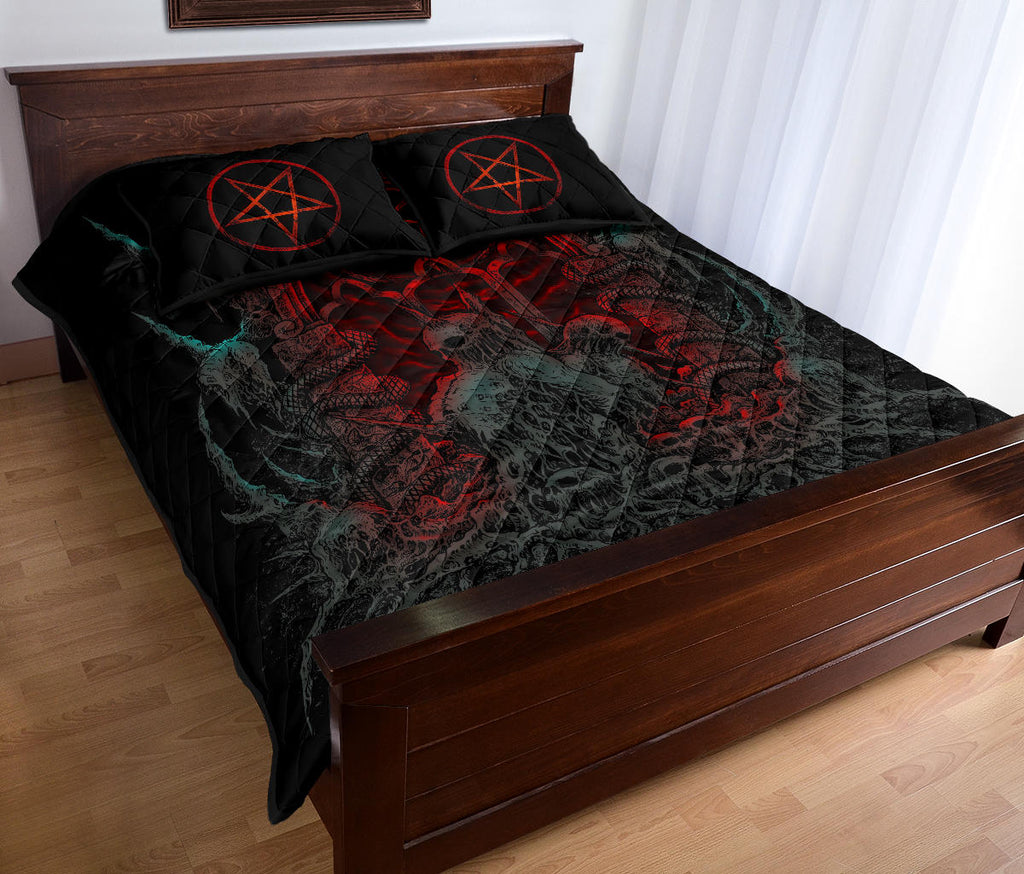 Skull Skeleton Satanic Shrine Quilt 3 Piece Bed Set Flame Color