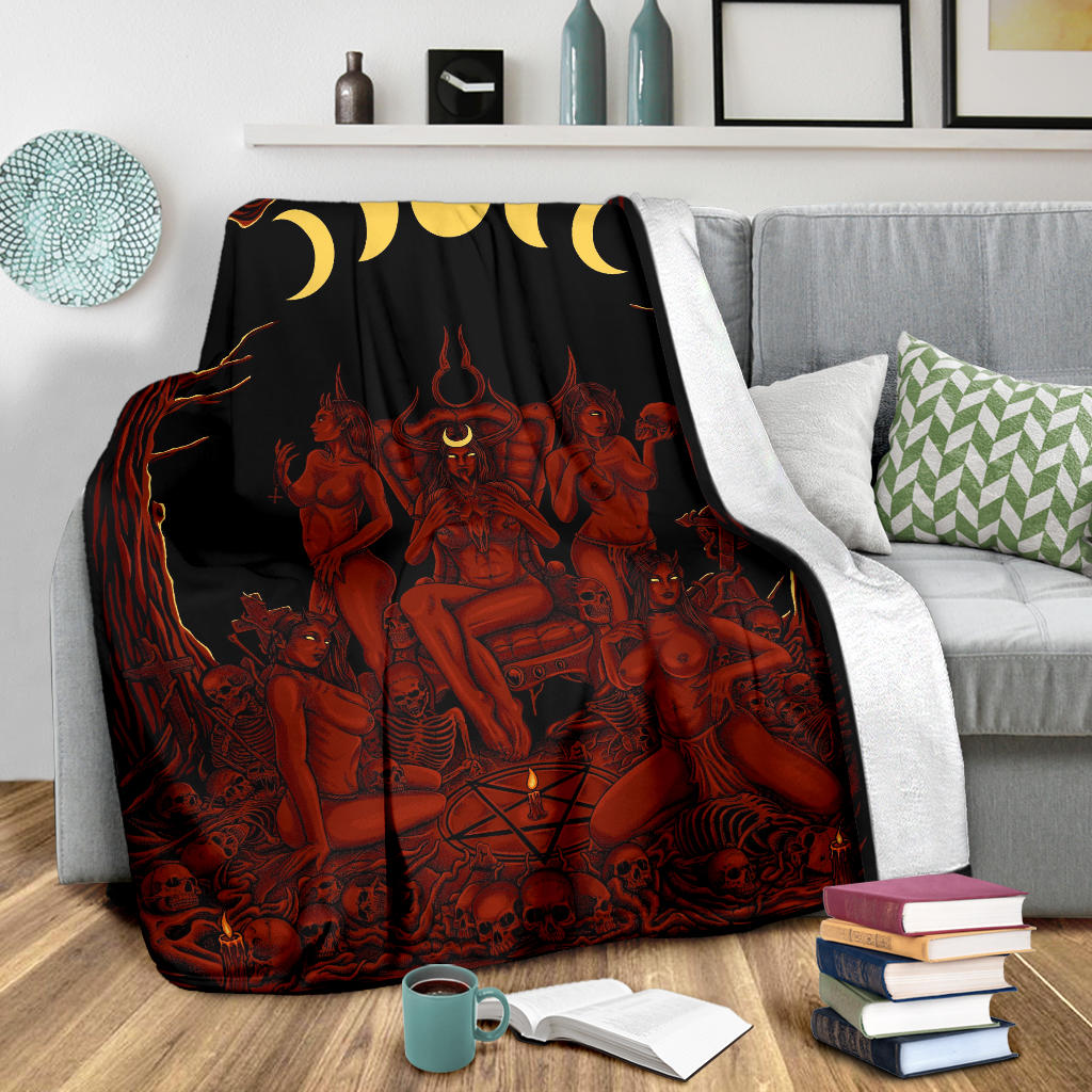 Skull Demon Satanic Pentagram Sexy Witch Throne Blanket Red