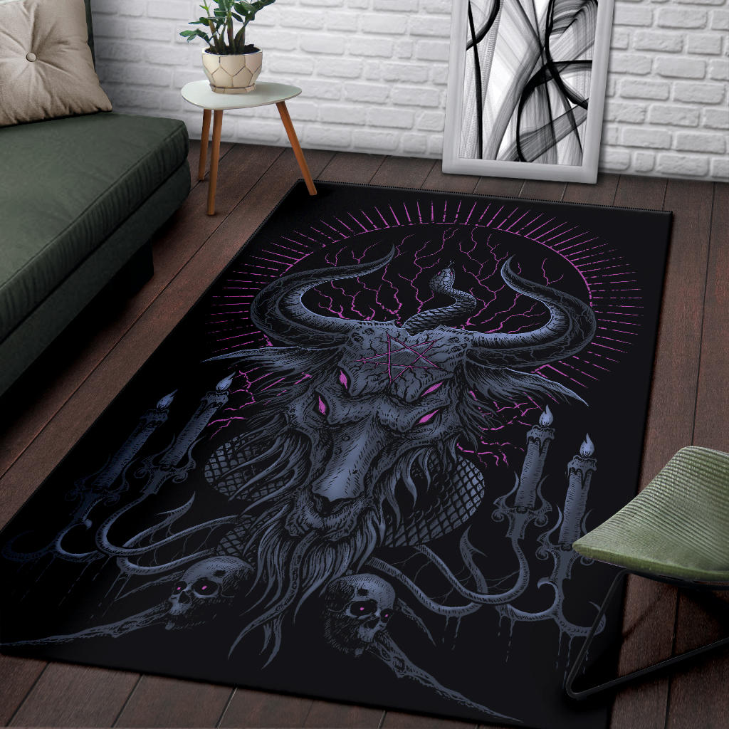 Skull Satanic Pentagram Serpent Candle 4 Eyed Baphomet Area Rug Awesome Night Blue Pink
