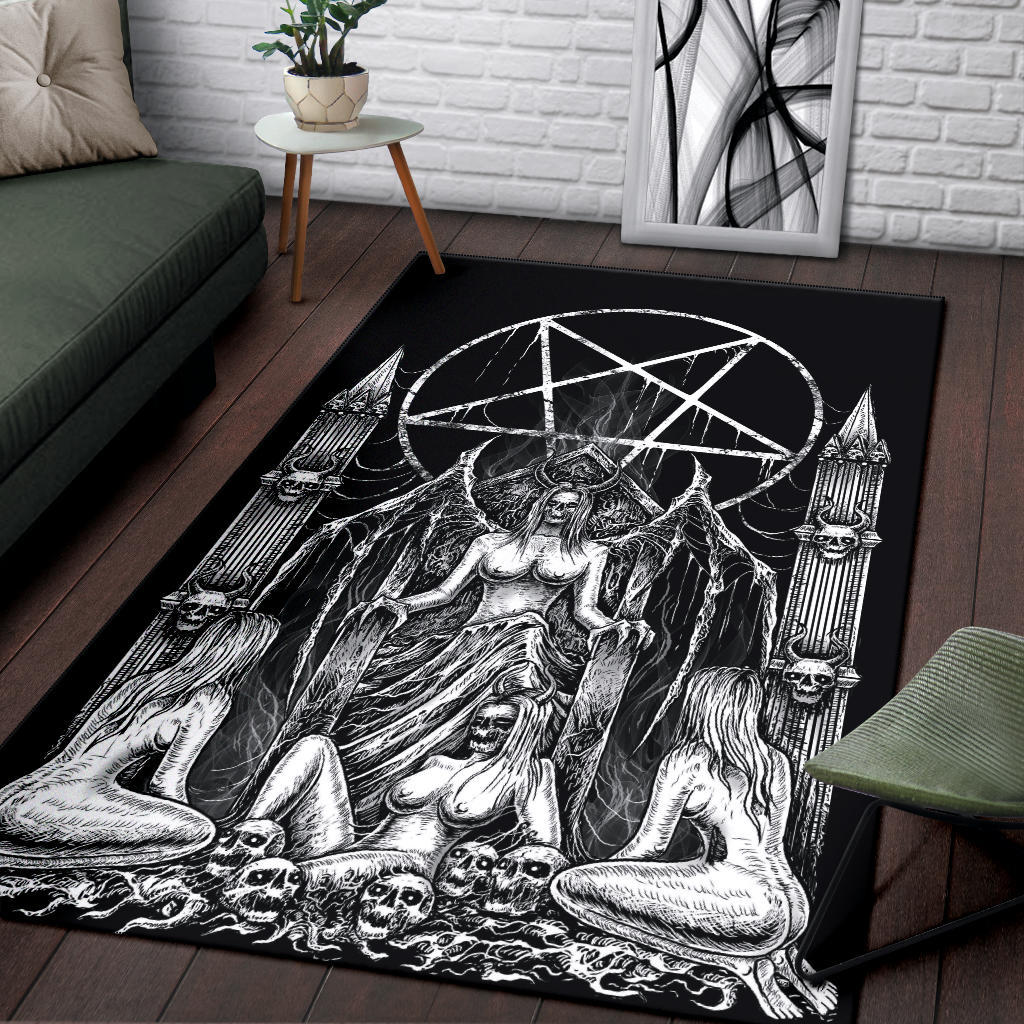 Skull Satanic Pentagram Lust Throne Area Rug Black And White Smoke Flame
