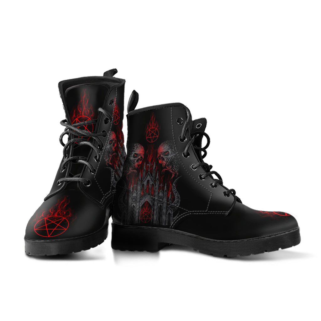 Skull Demon Satanic Pentagram Church Flame Handcrafted Leather Boots Dark Version